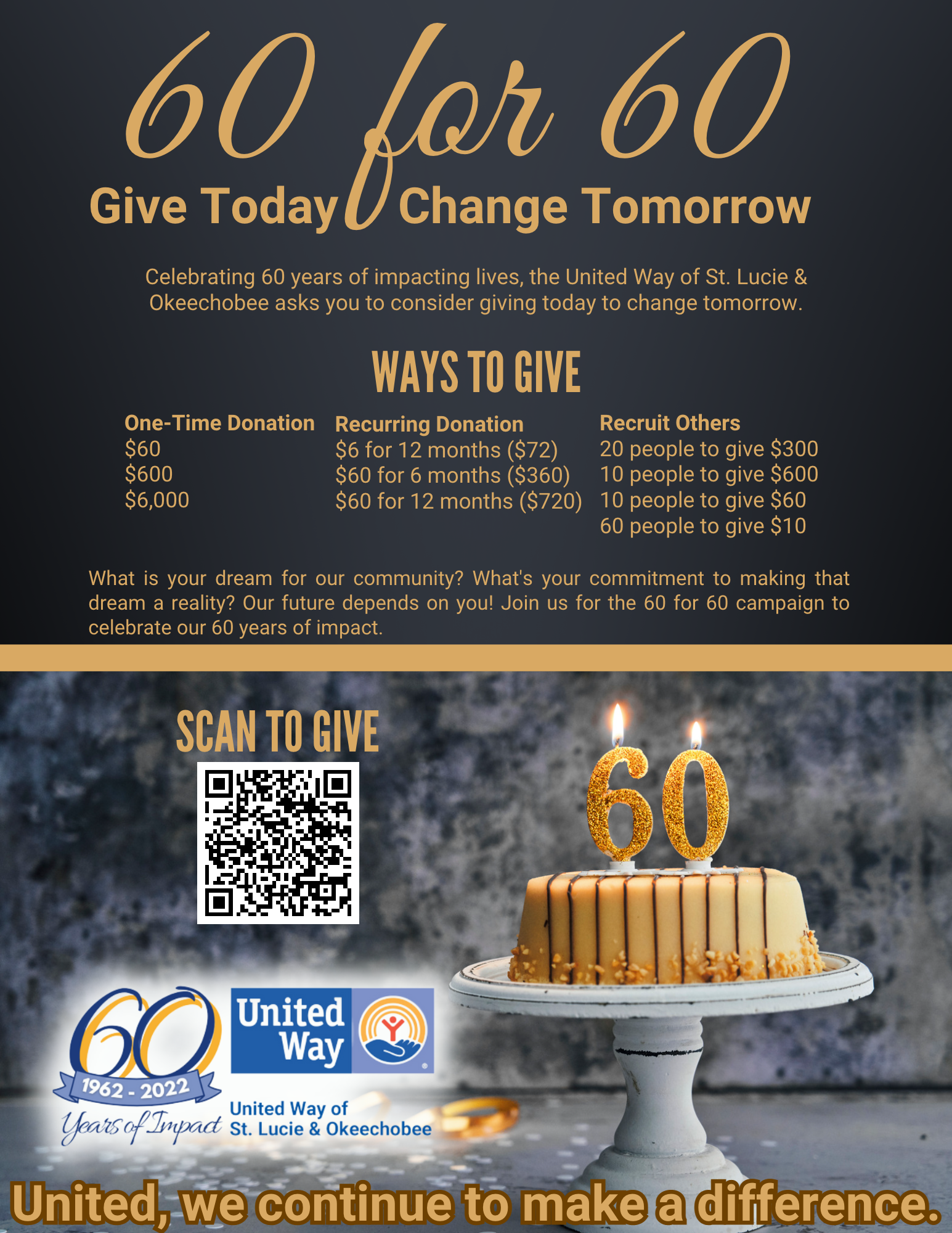 60 for 60 campaign flyer with giving levels